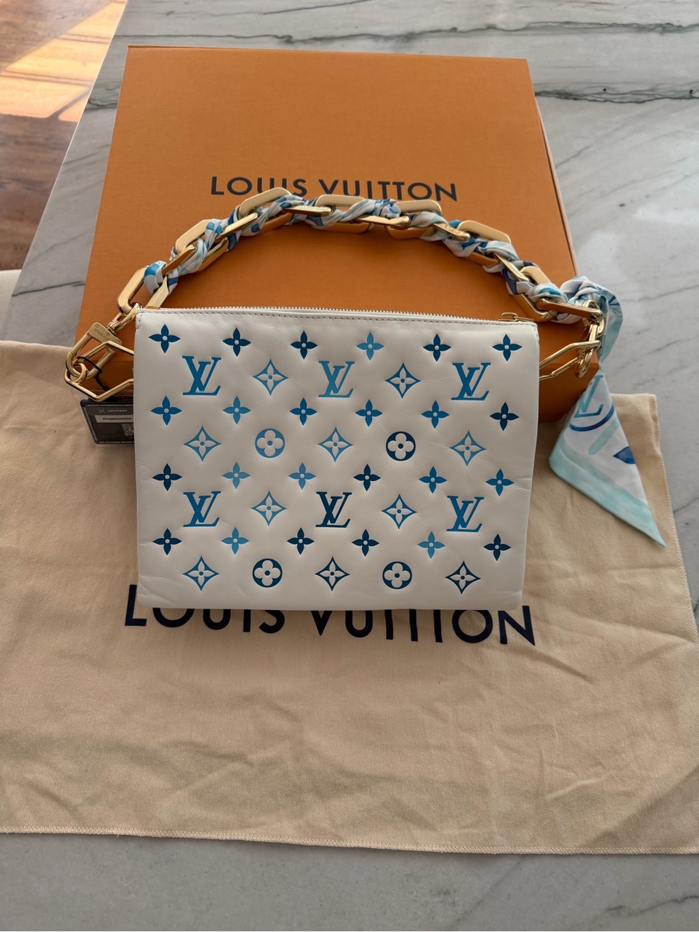 Louis Vuitton Coussin PM By The Pool M11225 Blue White Scarf Chain Authentic